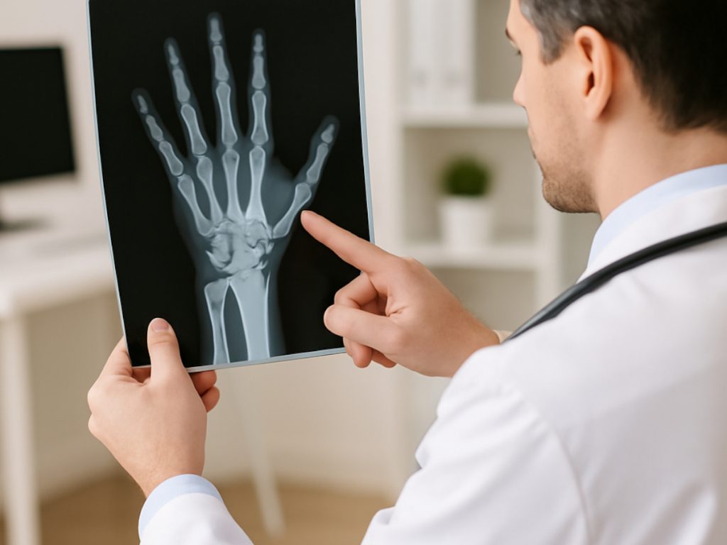 Medico evalua una radiografia de mano Medico evalua una radiografia de mano